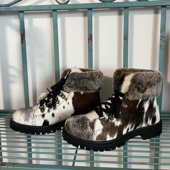 Genuine Cowhide & Leather Bootie Fur combat ankle boot chocolate brown sz 7 new - Picture 4 of 8